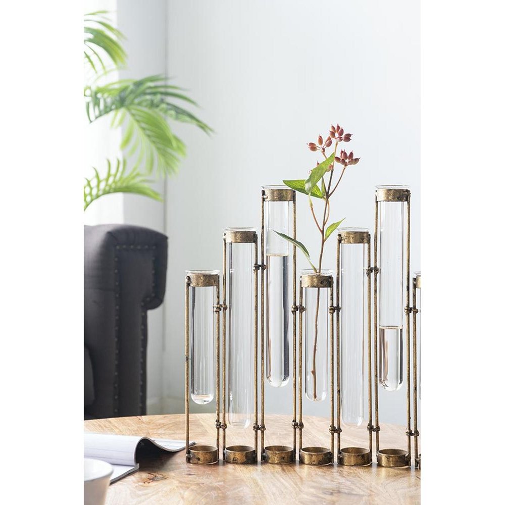 17" Bronze And Clear Enameled Cast Iron And Glass Nine Bloom Table Vase