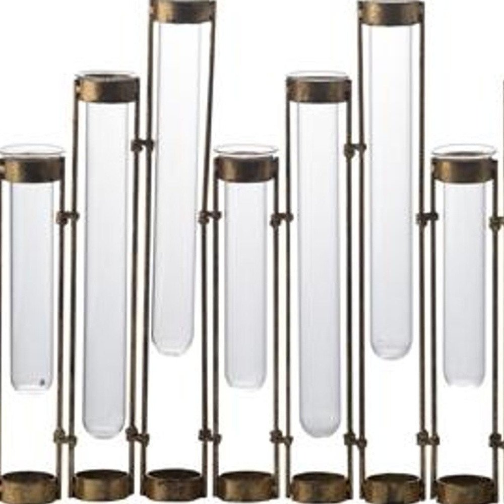 14" Bronze And Clear Glass And Metal Cylinder Table Vase