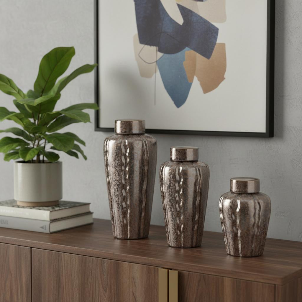 Set of Three Bronze And Silver Ceramic Urn Ginger Jars