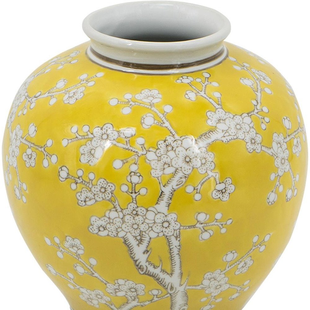 9" Yellow And White Chinoiserie Floral Porcelain Table Vase