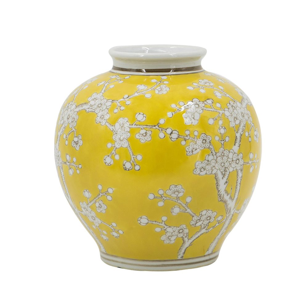 9" Yellow And White Chinoiserie Floral Porcelain Table Vase