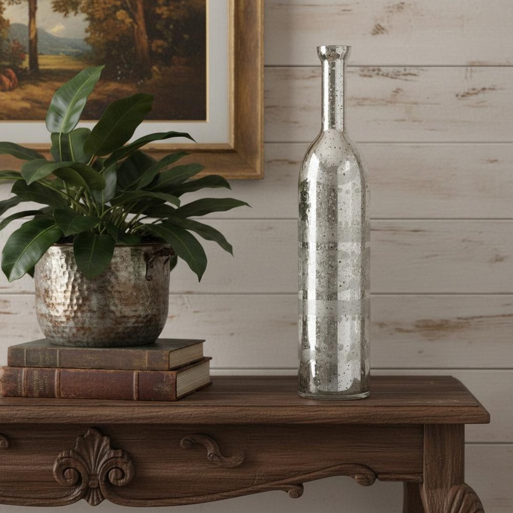 25" Antiqued Silver Floral Glass Bottle Table Vase