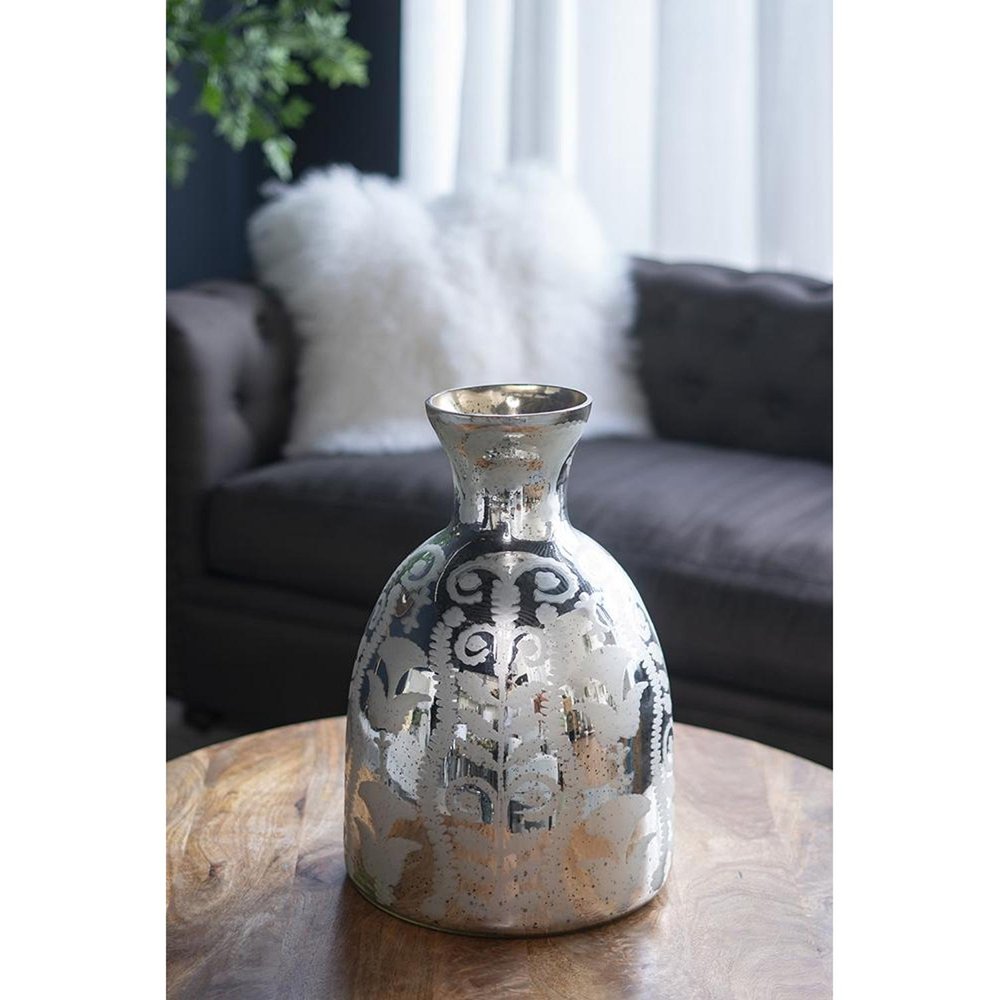 18" Antiqued Silver Floral Glass Table Vase