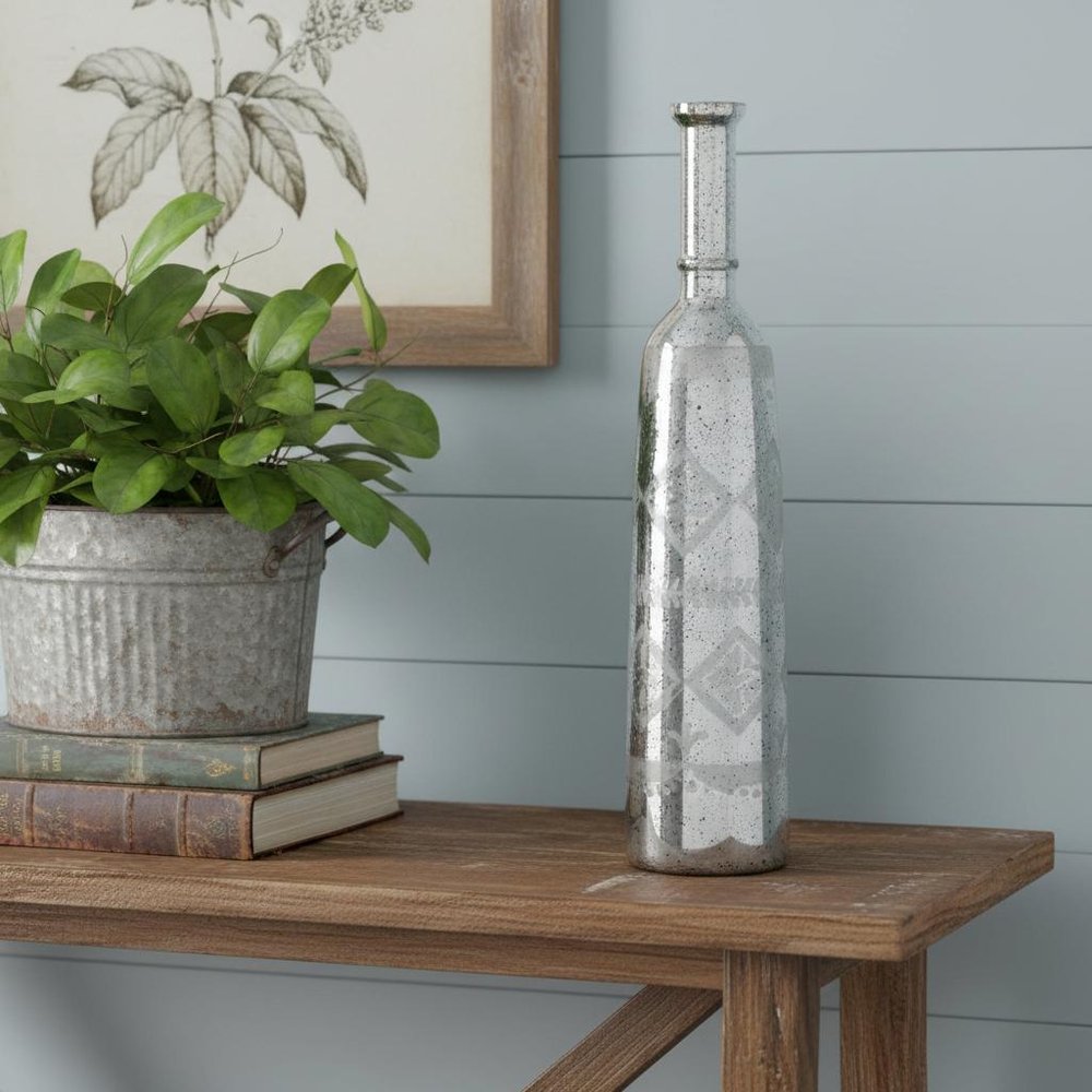 30" Antiqued Silver Floral Glass Bottle Table Vase