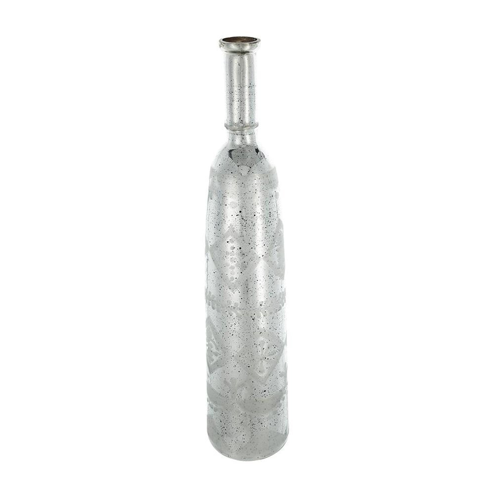 30" Antiqued Silver Floral Glass Bottle Table Vase