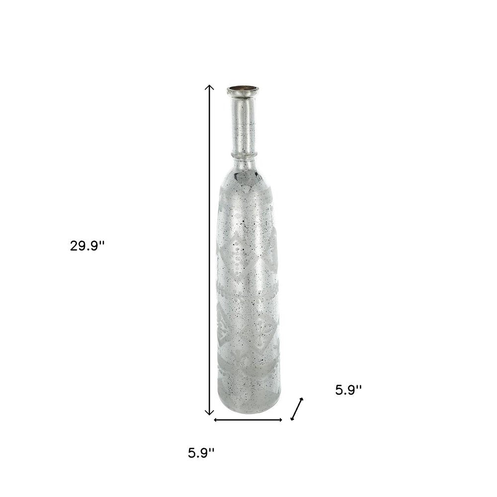30" Antiqued Silver Floral Glass Bottle Table Vase