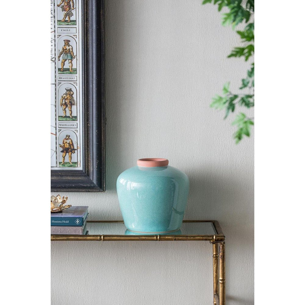 9" Natural And Teal Blue Ceramic Round Table Vase