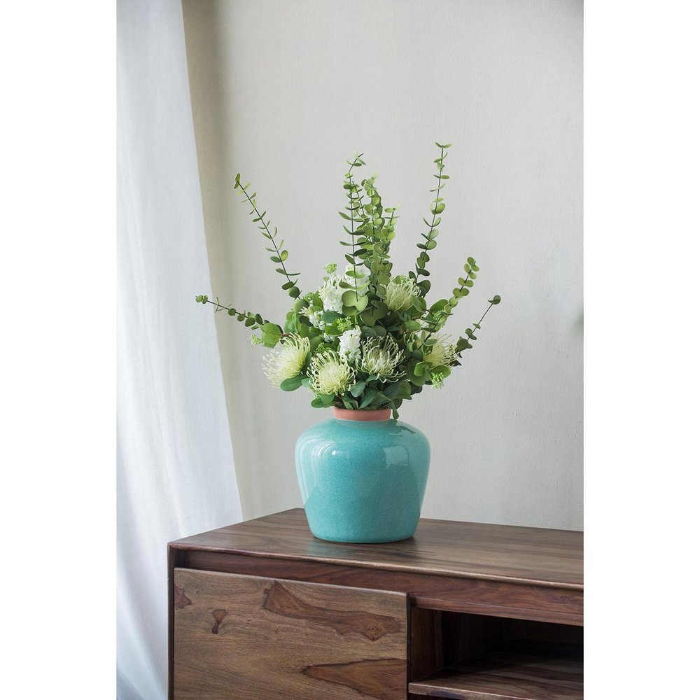 9" Natural And Teal Blue Ceramic Round Table Vase