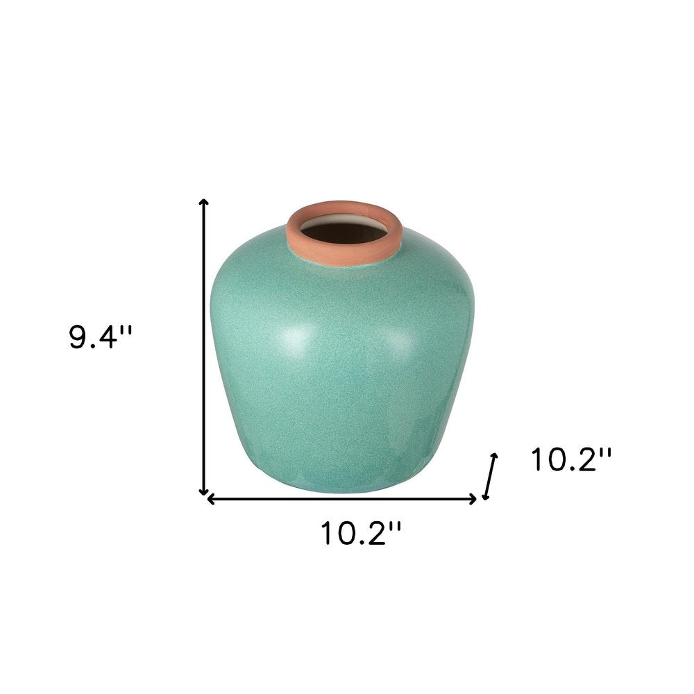 9" Natural And Teal Blue Ceramic Round Table Vase