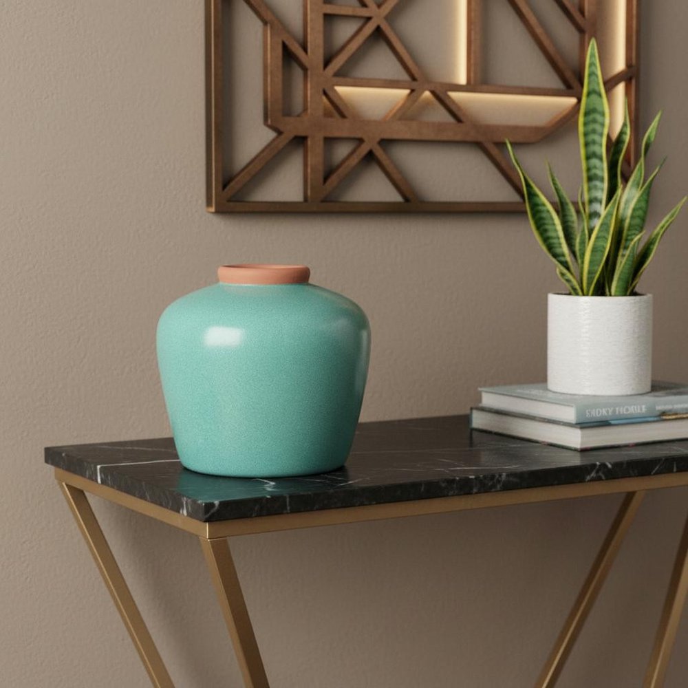 9" Natural And Teal Blue Ceramic Round Table Vase