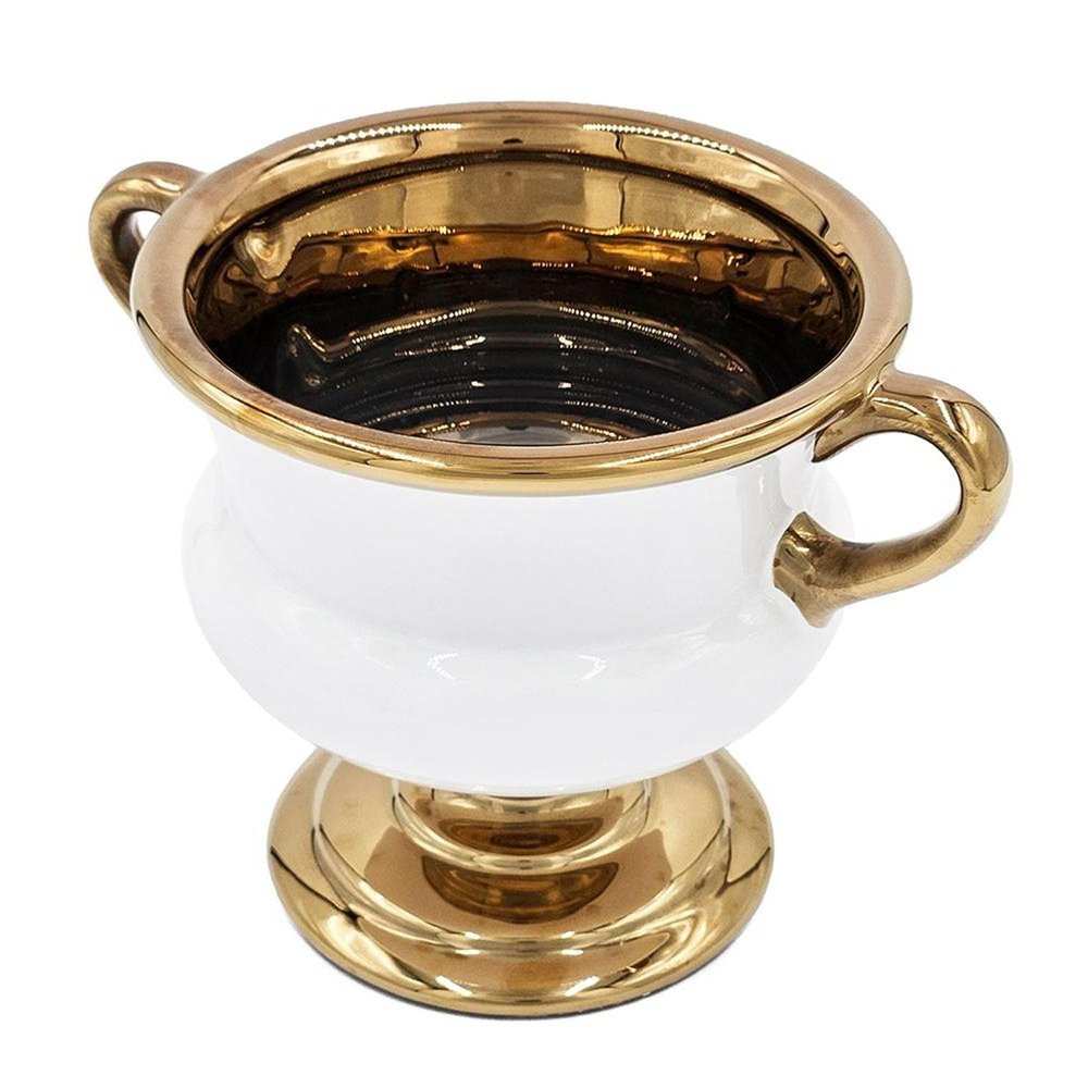 7" White And Gold Ceramic Amphora Urn