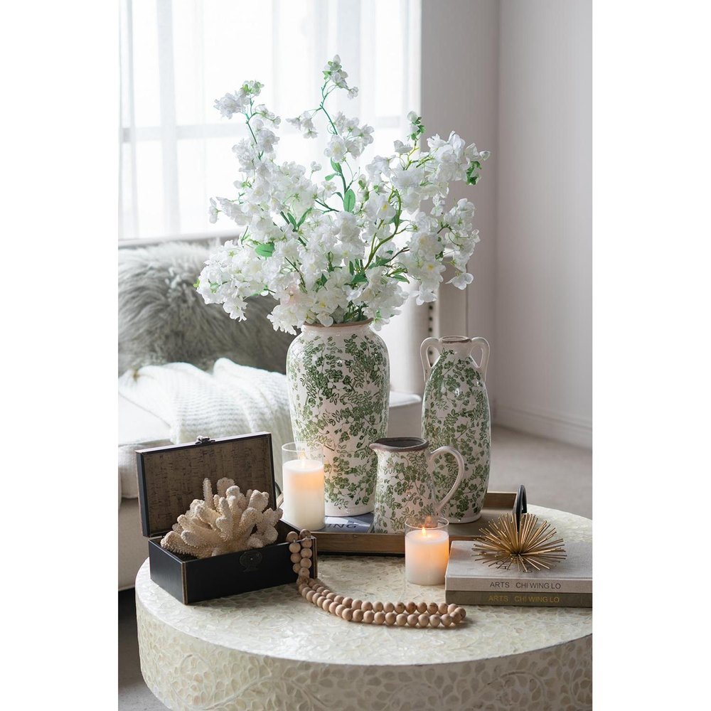 7" Green And White Leaf Ceramic Round Jug Vase