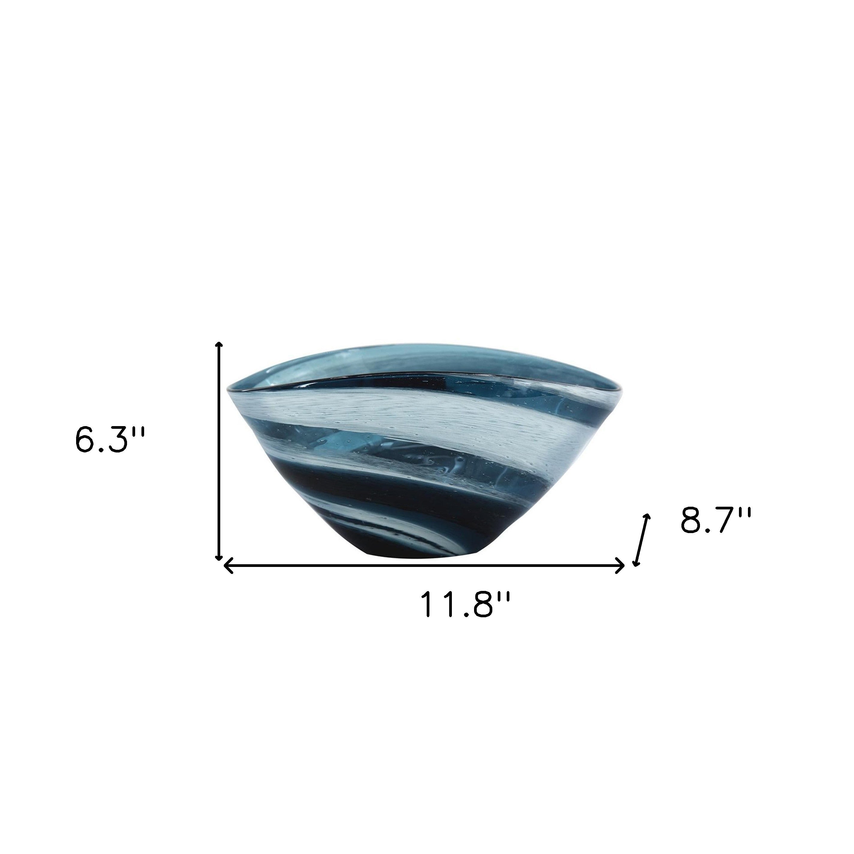 12" Blue And White Glass Swirl Stripe Oval Centerpiece Bowl