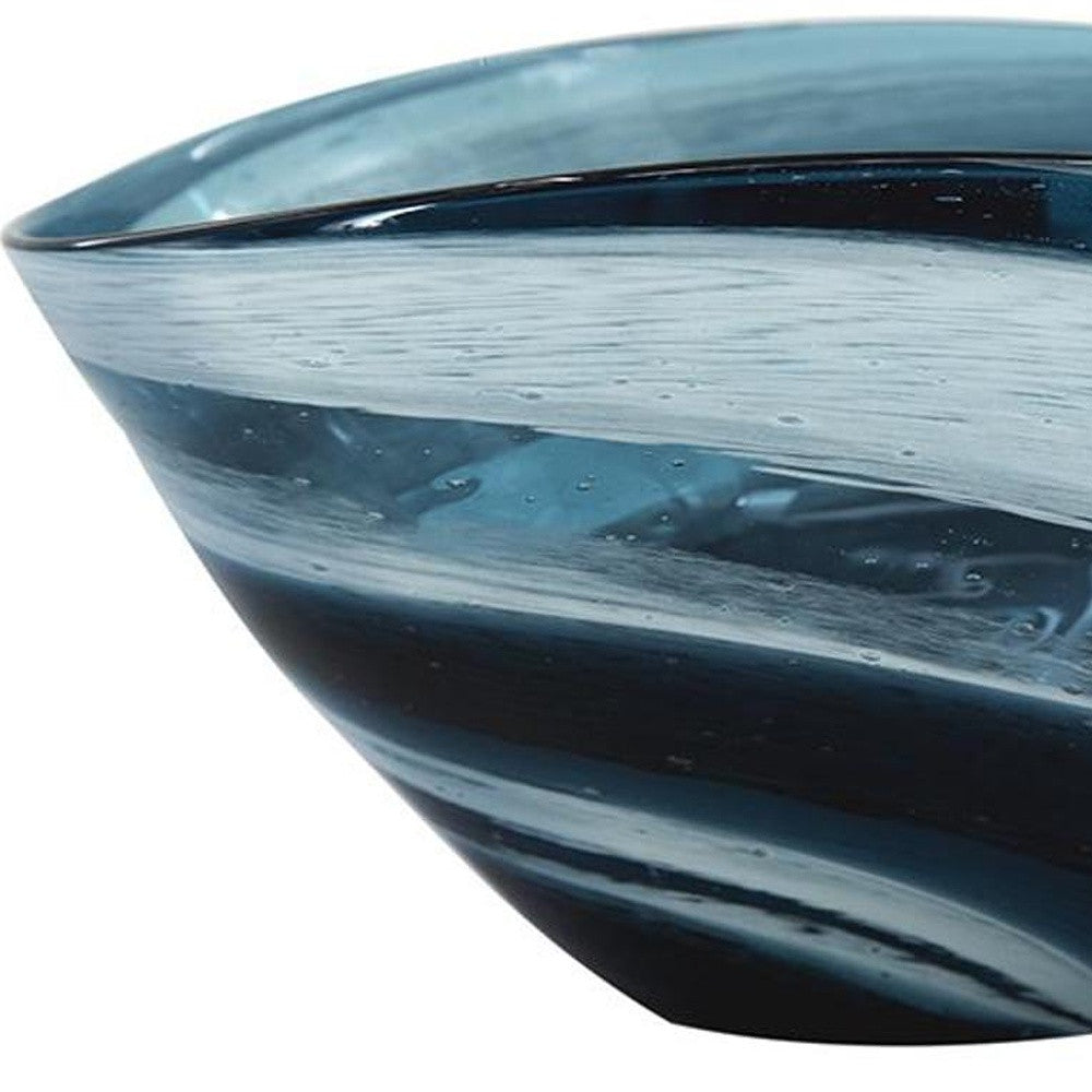 12" Blue And White Glass Swirl Stripe Oval Centerpiece Bowl