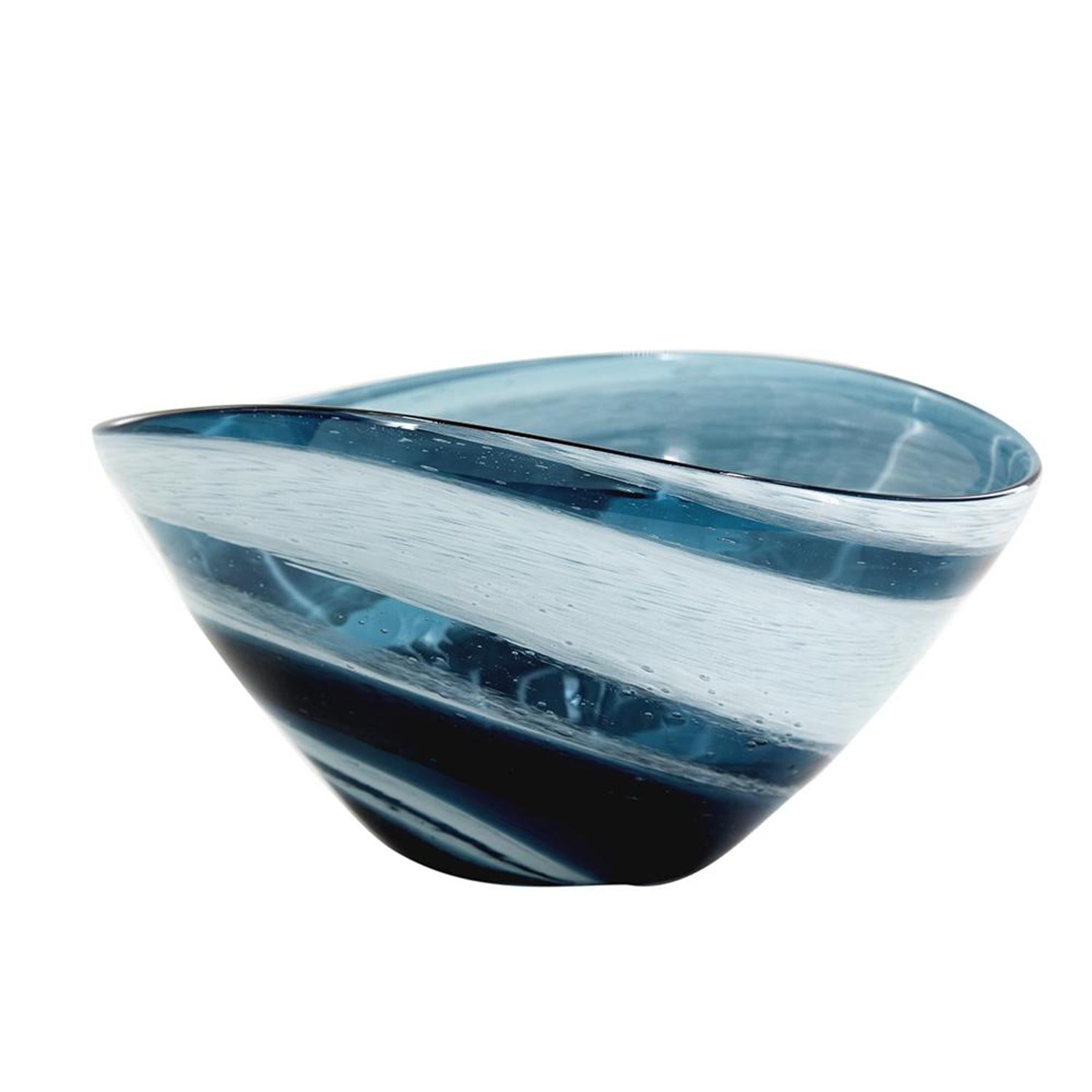 12" Blue And White Glass Swirl Stripe Oval Centerpiece Bowl