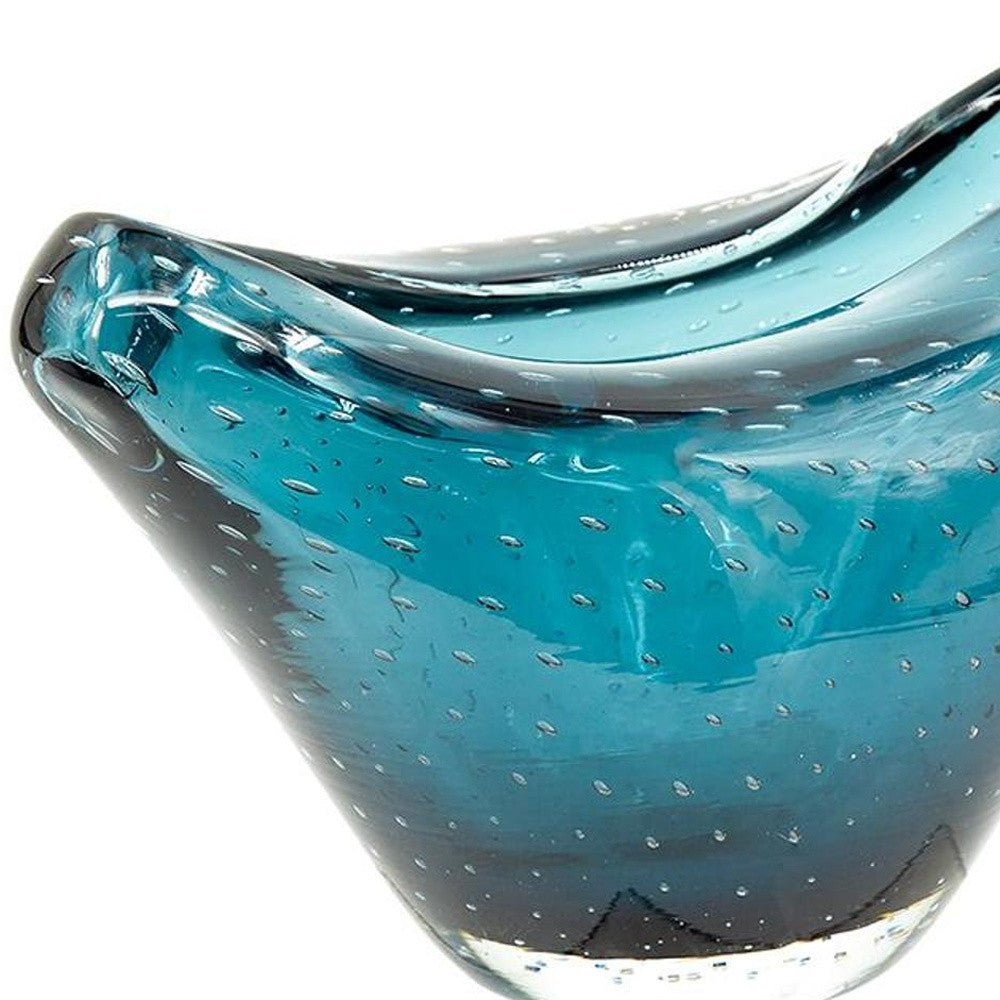 11" Turquoise Glass Wavy Edge Oval Centerpiece Bowl