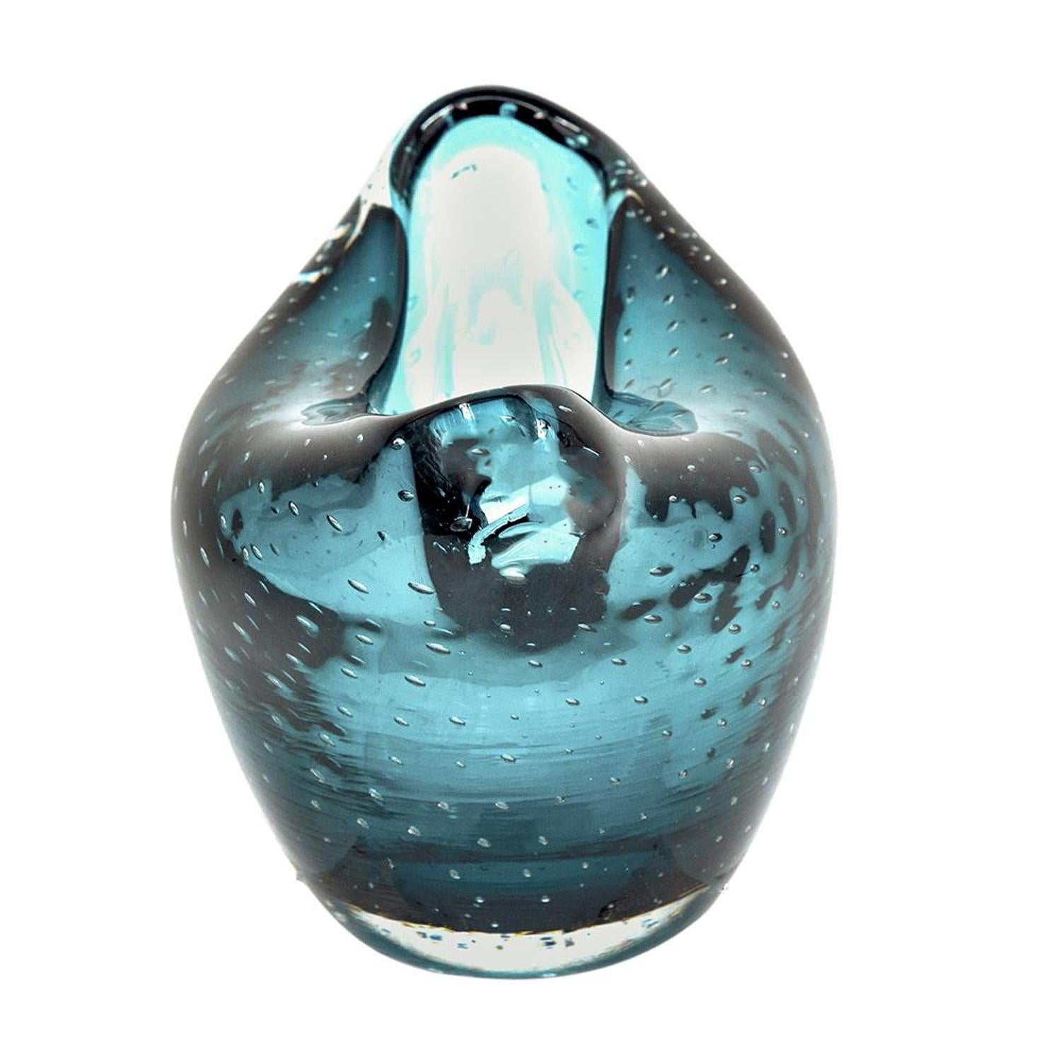 11" Turquoise Glass Wavy Edge Oval Centerpiece Bowl