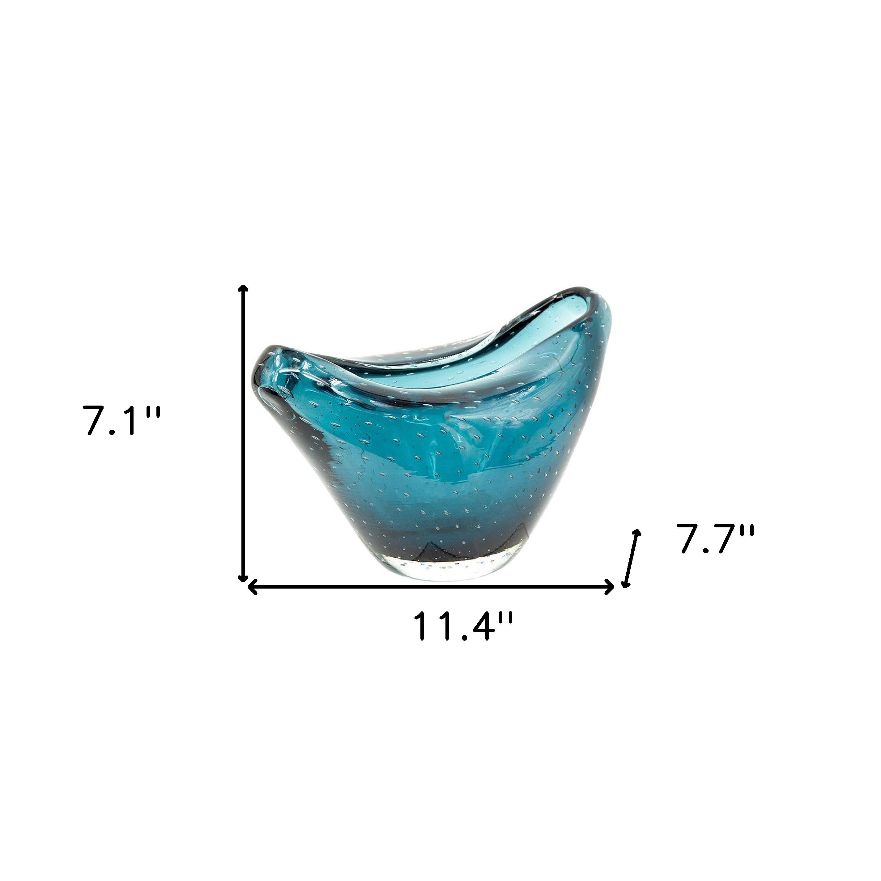 11" Turquoise Glass Wavy Edge Oval Centerpiece Bowl