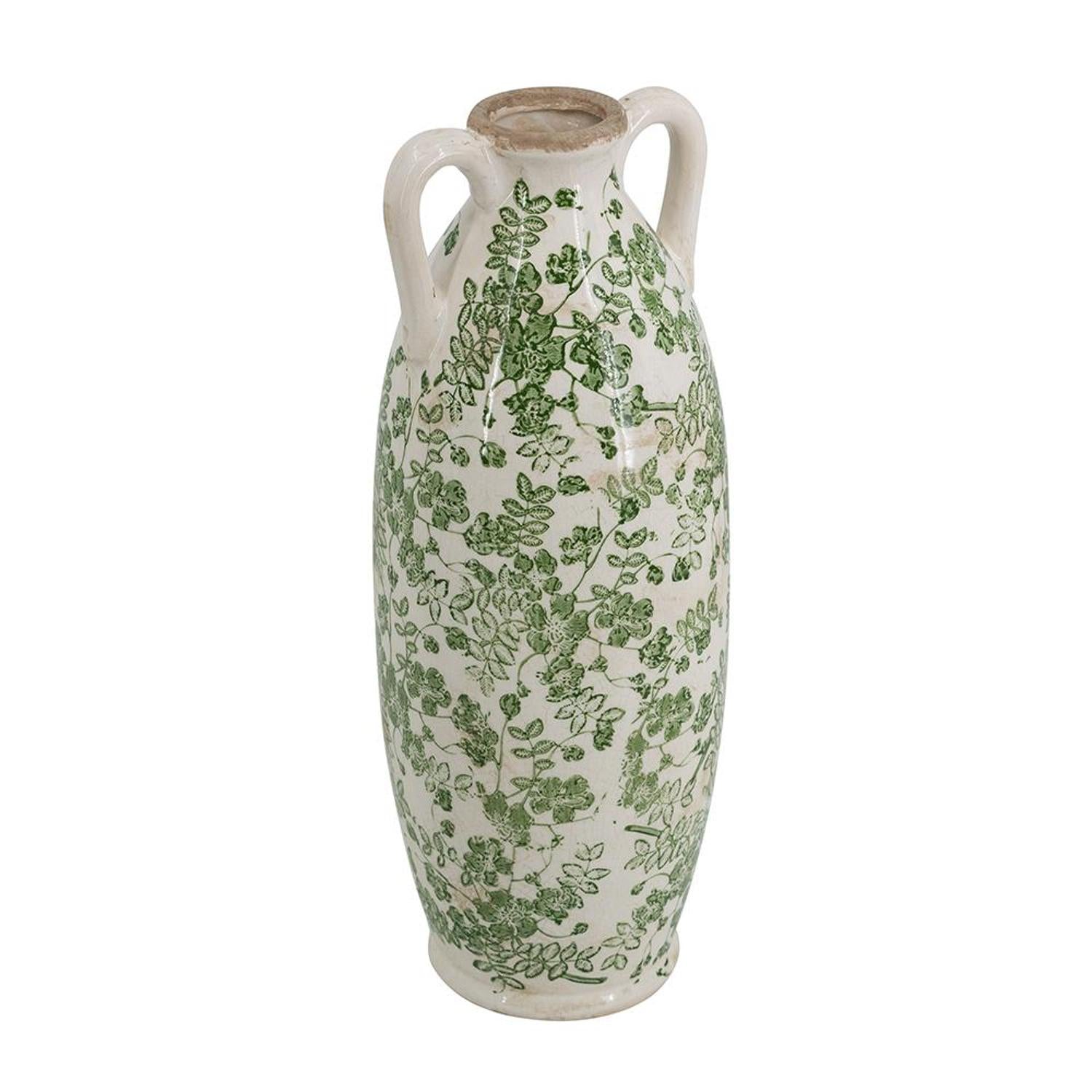16" Green And White Leaf Ceramic Amphora Table Vase