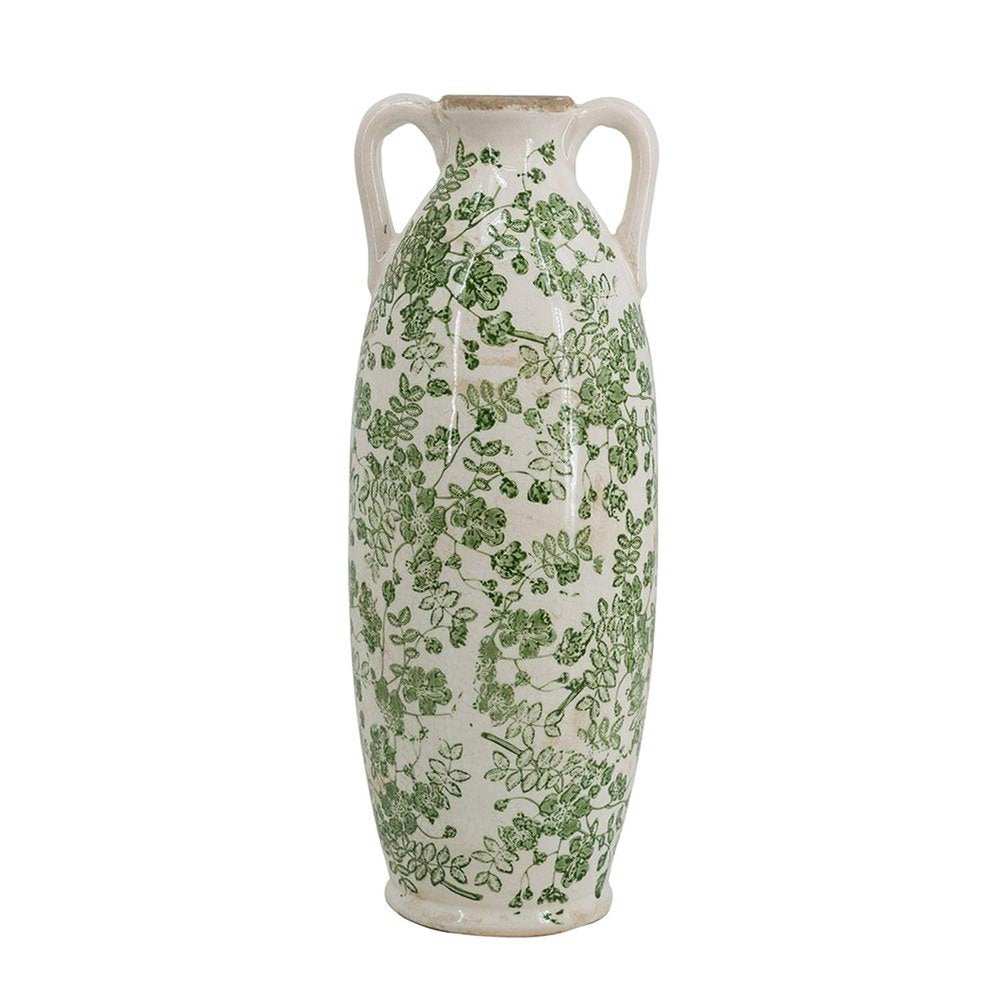 16" Green And White Leaf Ceramic Amphora Table Vase