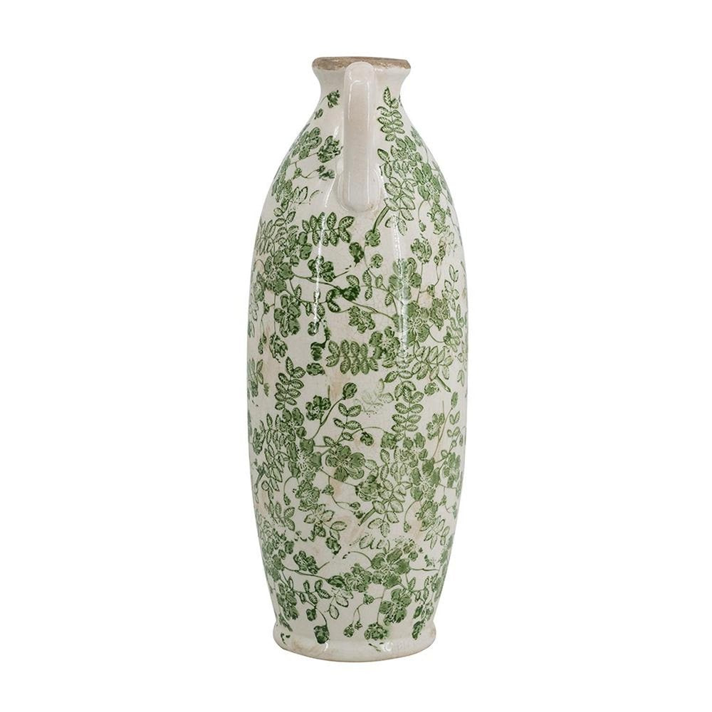 16" Green And White Leaf Ceramic Amphora Table Vase