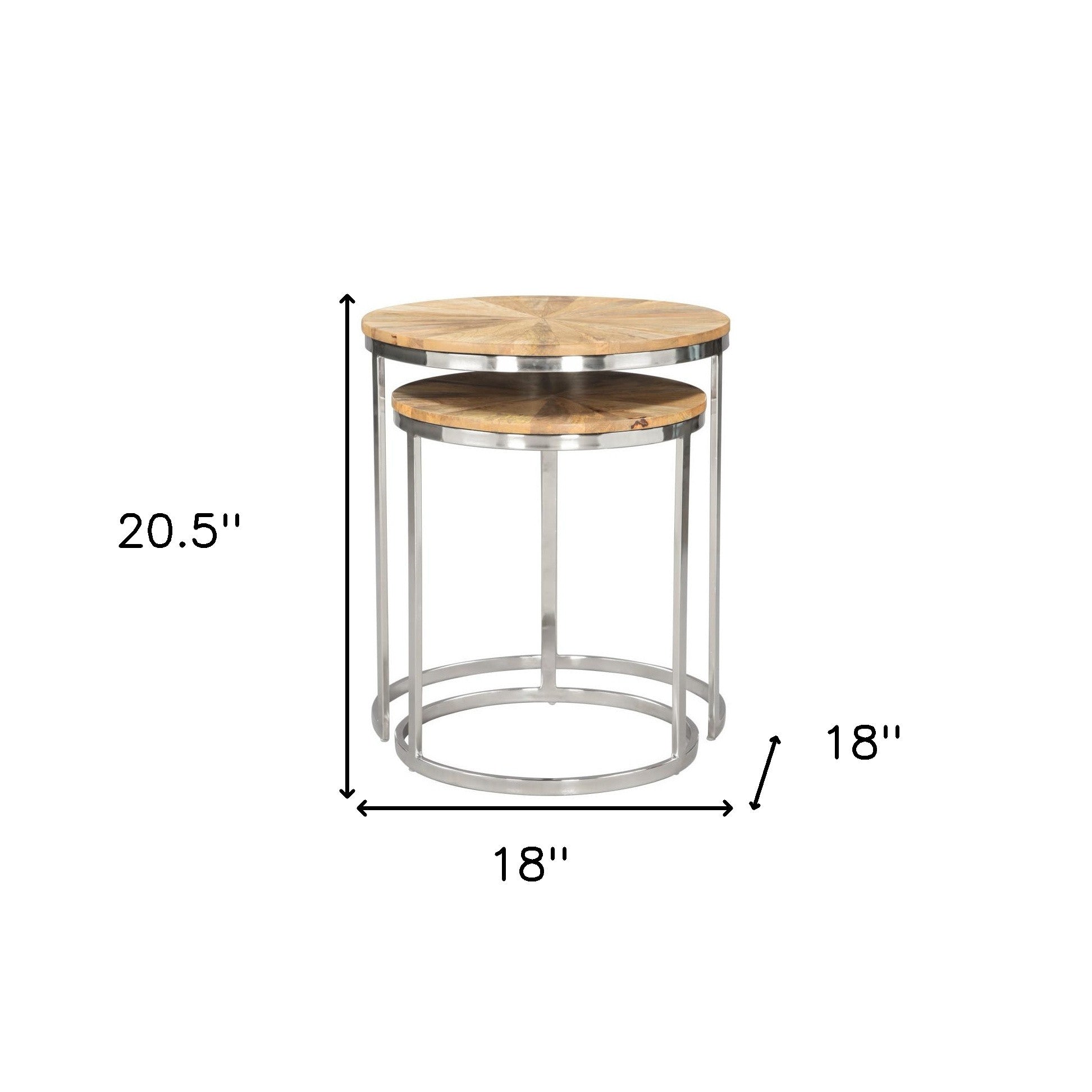Set of Two Natural And Silver Solid Wood And Iron Round Frame Nested Tables