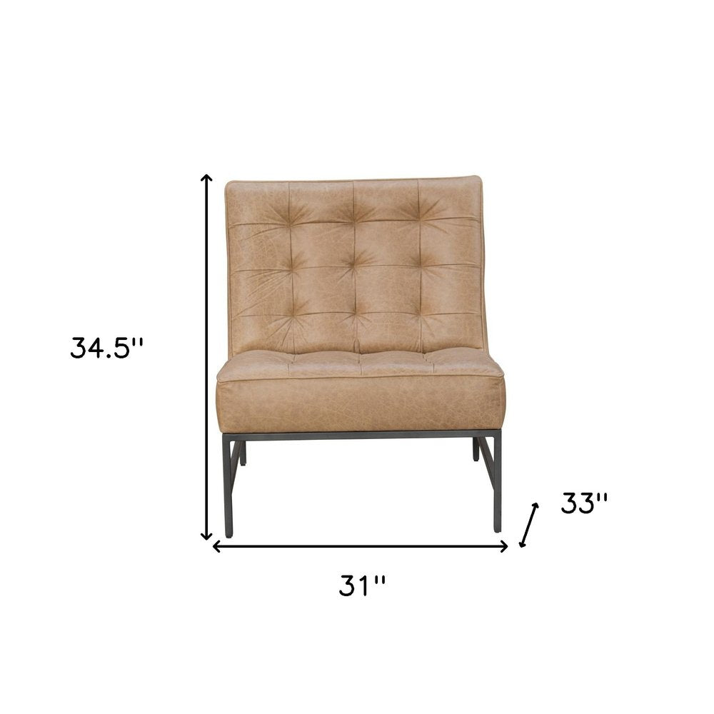 31" Cream And Black Tufted Genuine Leather And Iron Slipper Chair