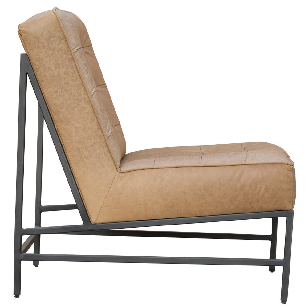 31" Cream And Black Tufted Genuine Leather And Iron Slipper Chair