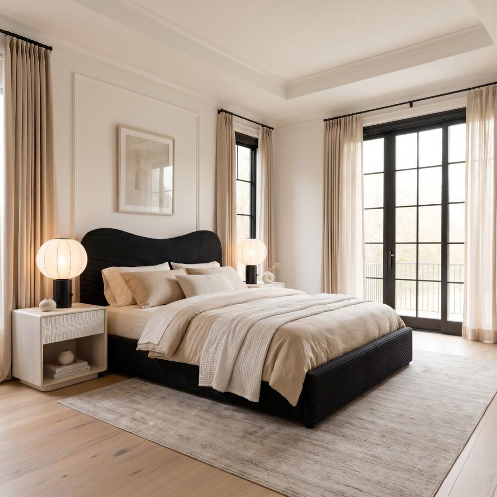 Black Ribbed Texture Velvet Upholstered Queen Bed Frame