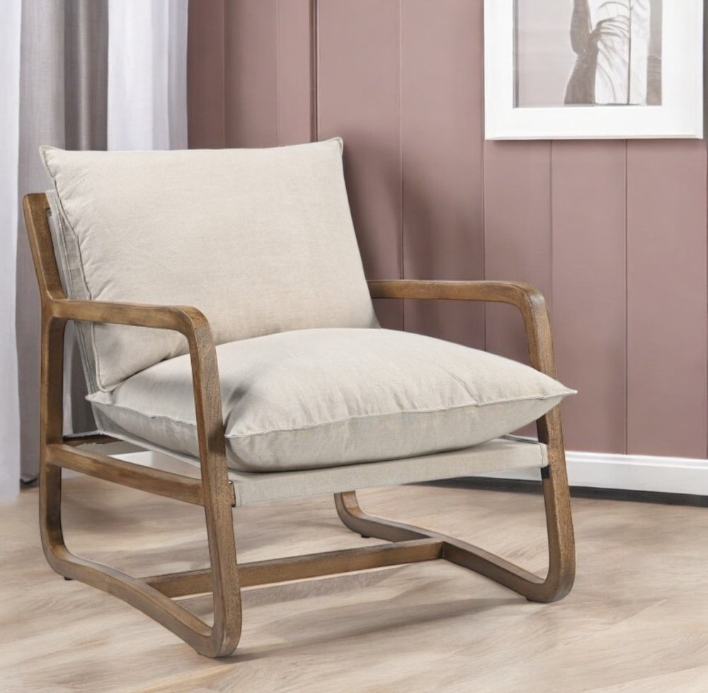 30" Beige And Natural Linen Arm Chair