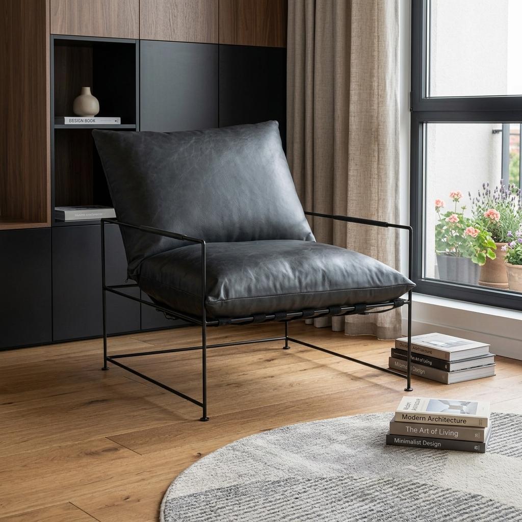 28" Black Genuine Leather Distressed Arm Chair