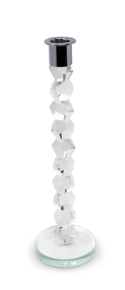 11" Clear And Silver Geo Stacks Crystal Tabletop Taper Candlestick