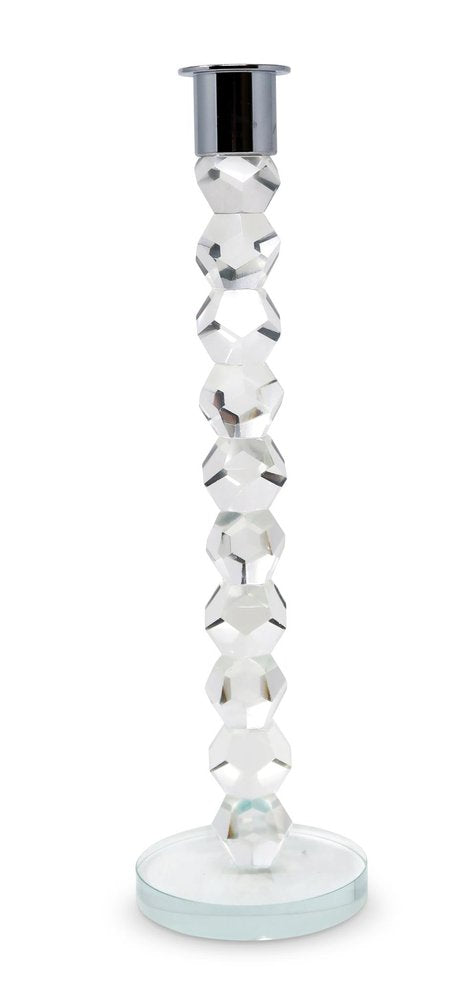 11" Clear And Silver Geo Stacks Crystal Tabletop Taper Candlestick