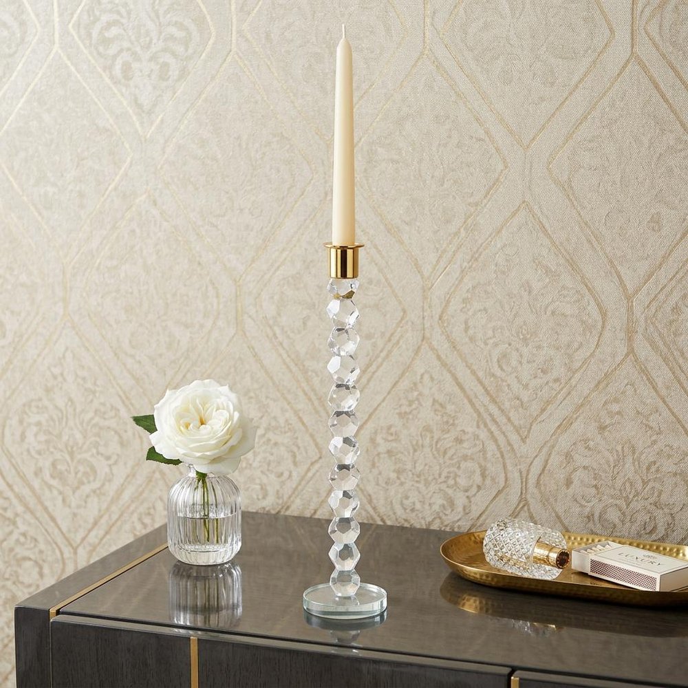 14" Clear And Gold Geo Stacks Crystal Tabletop Taper Candlestick