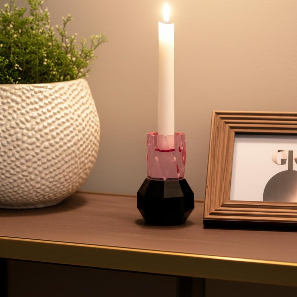 5" Pink And Black Faceted Crystal Tabletop Taper Candlestick