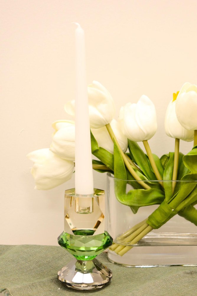 5" Amber Green And Smoky Black Faceted Crystal Tabletop Taper Candlestick