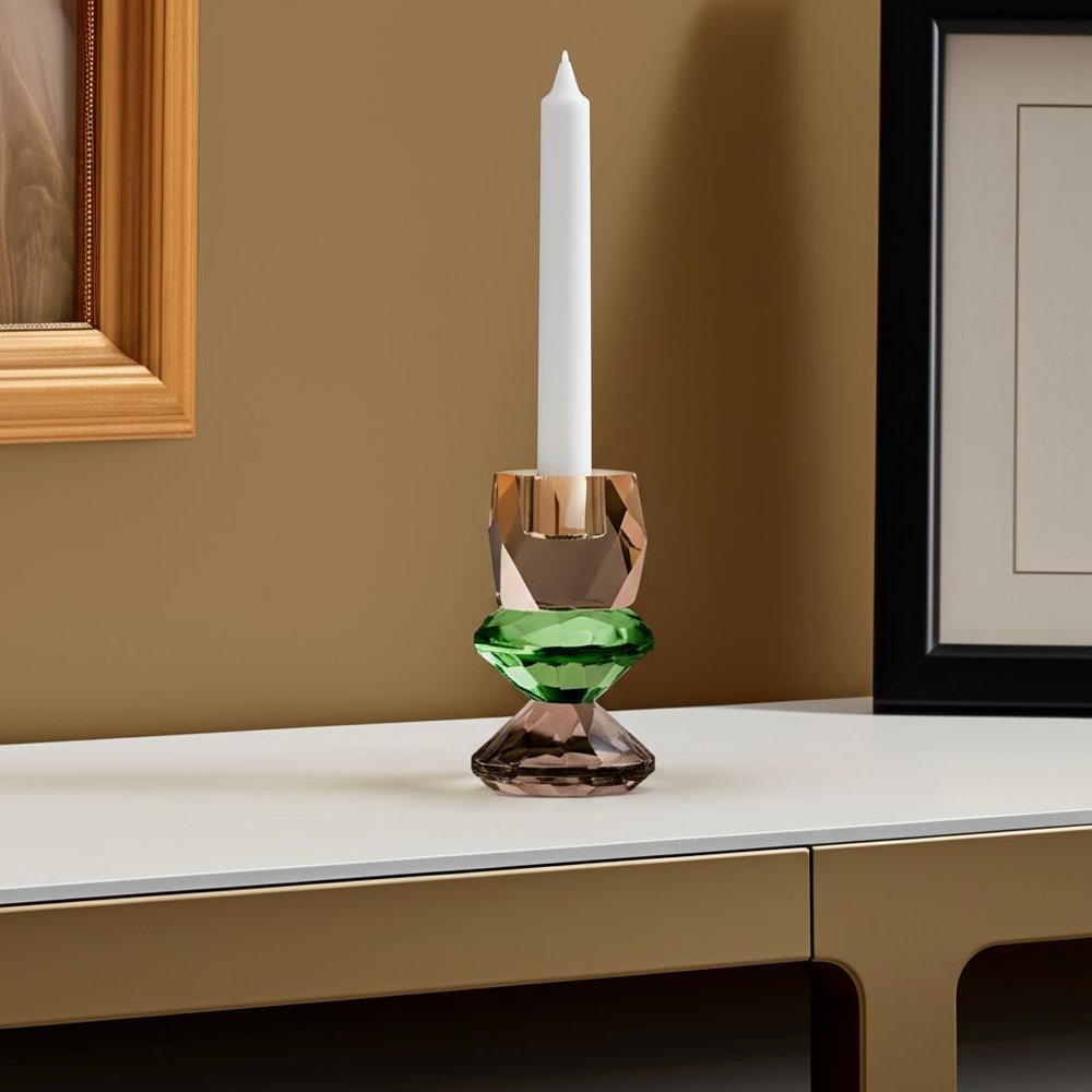 5" Amber Green And Smoky Black Faceted Crystal Tabletop Taper Candlestick