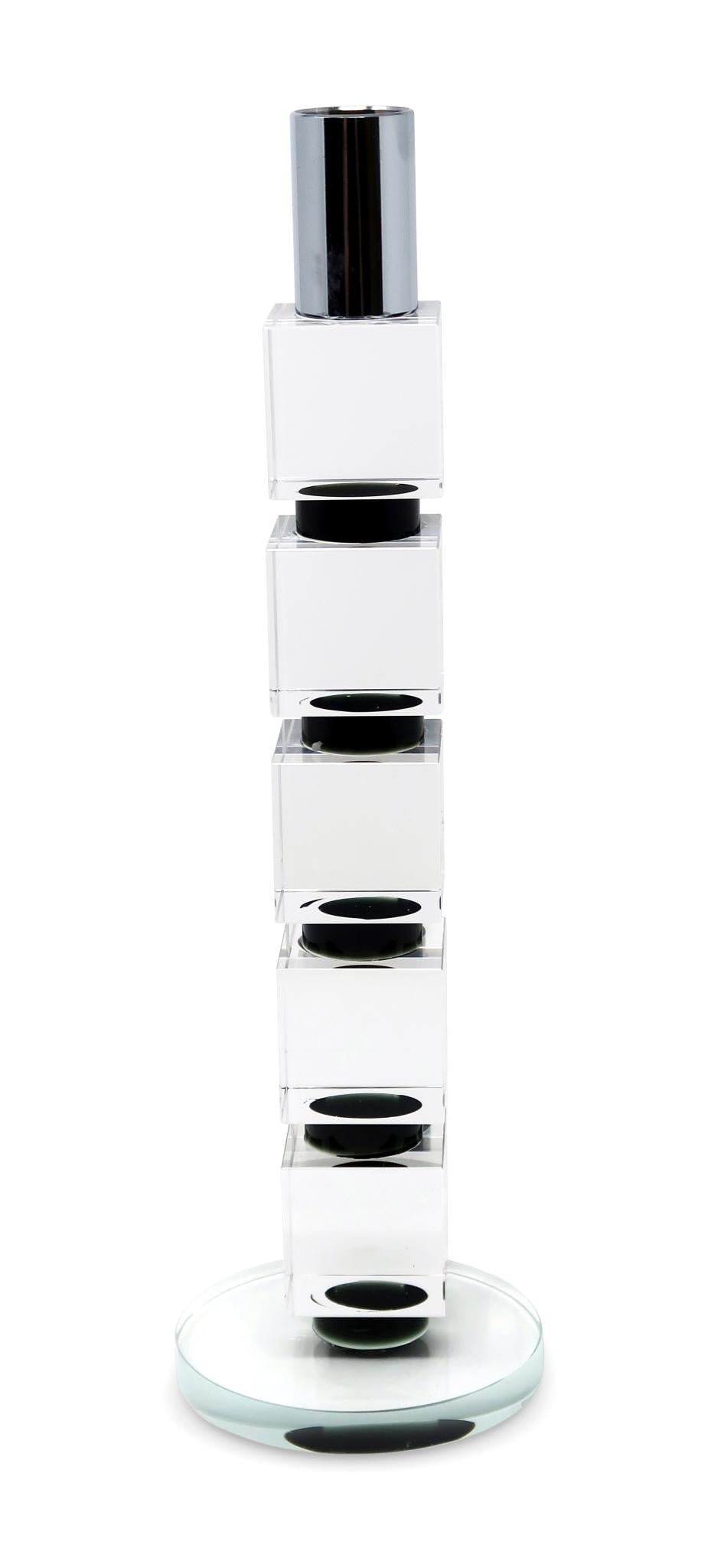 11" Silver Clear And Black Geo Crystal Tabletop Taper Candlestick