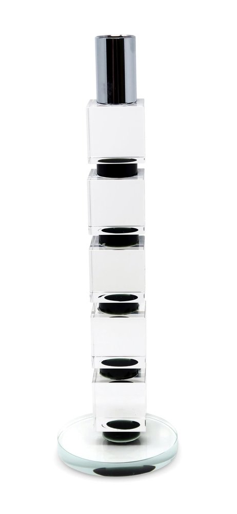 11" Silver Clear And Black Geo Crystal Tabletop Taper Candlestick
