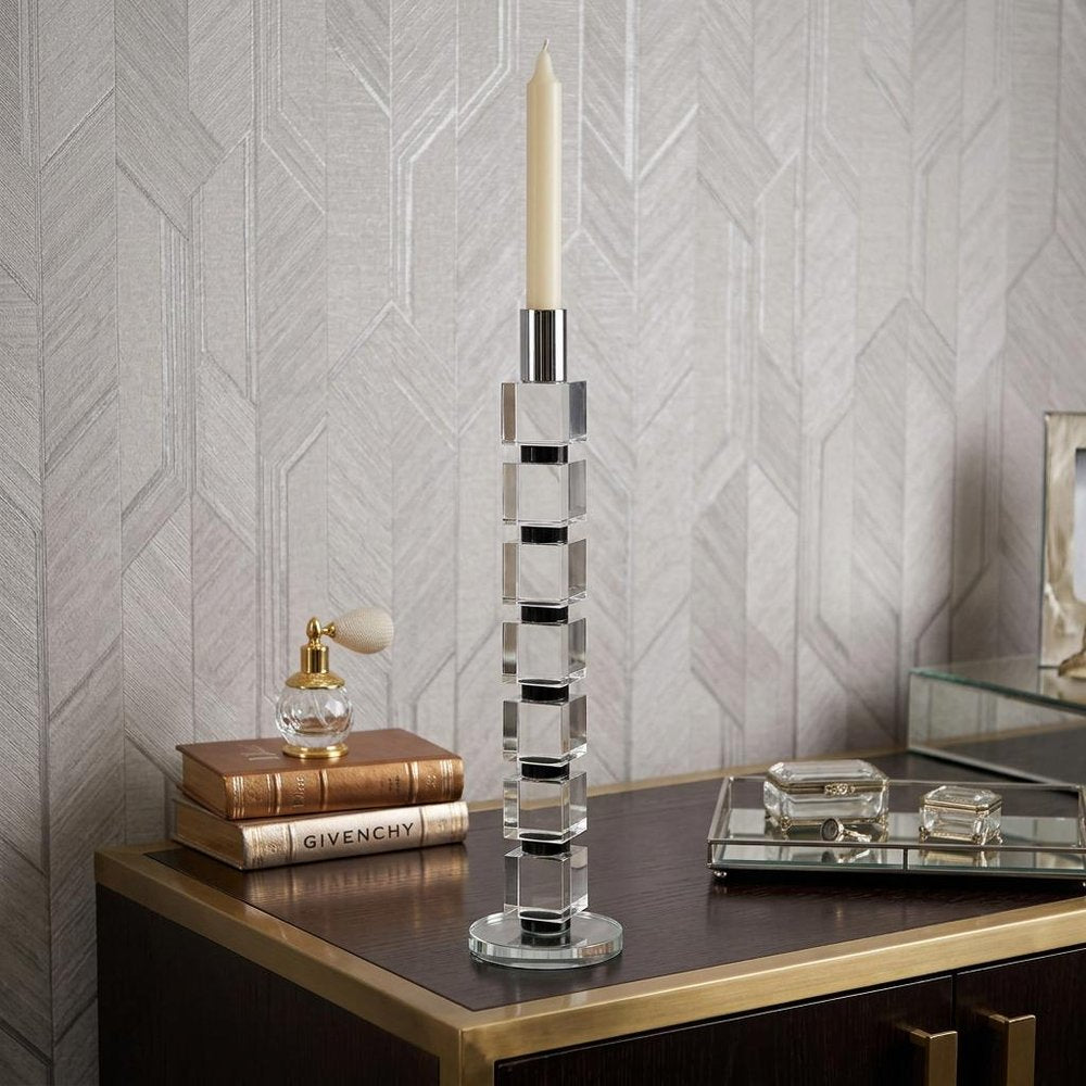 15" Silver Clear And Black Crystal Tabletop Taper Candlestick