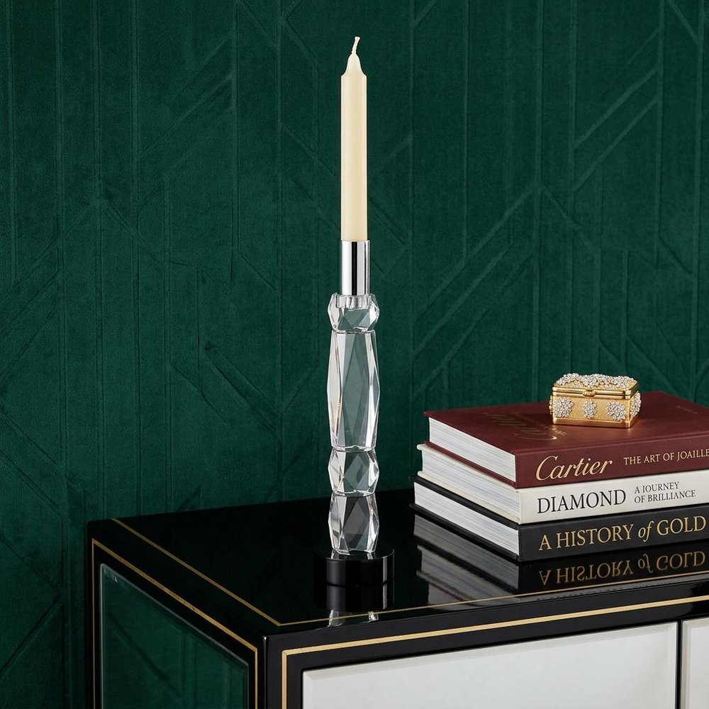 11" Silver Clear And Black Crystal Tabletop Taper Candlestick