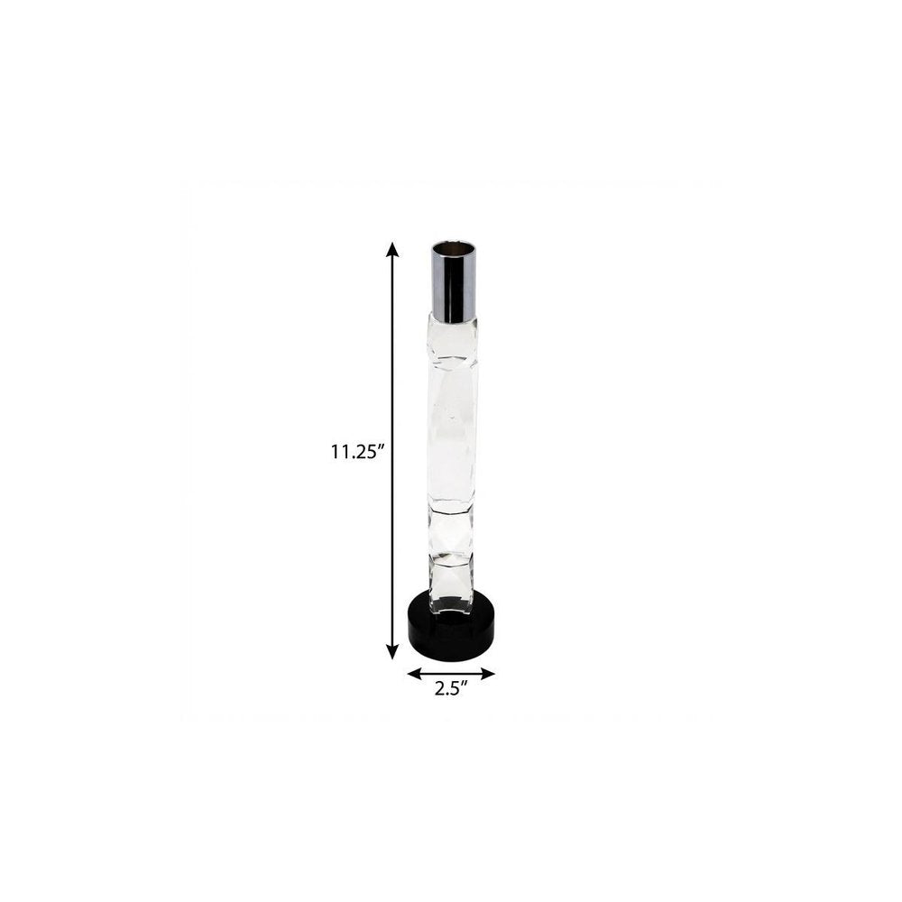 11" Silver Clear And Black Crystal Tabletop Taper Candlestick