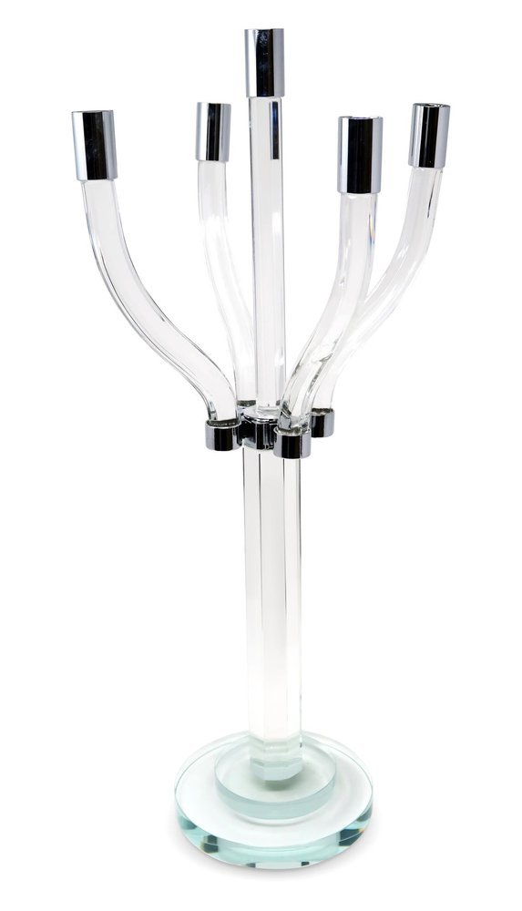 20" Clear And Silver Crystal Tabletop Contempo Candelabra Candle Holder