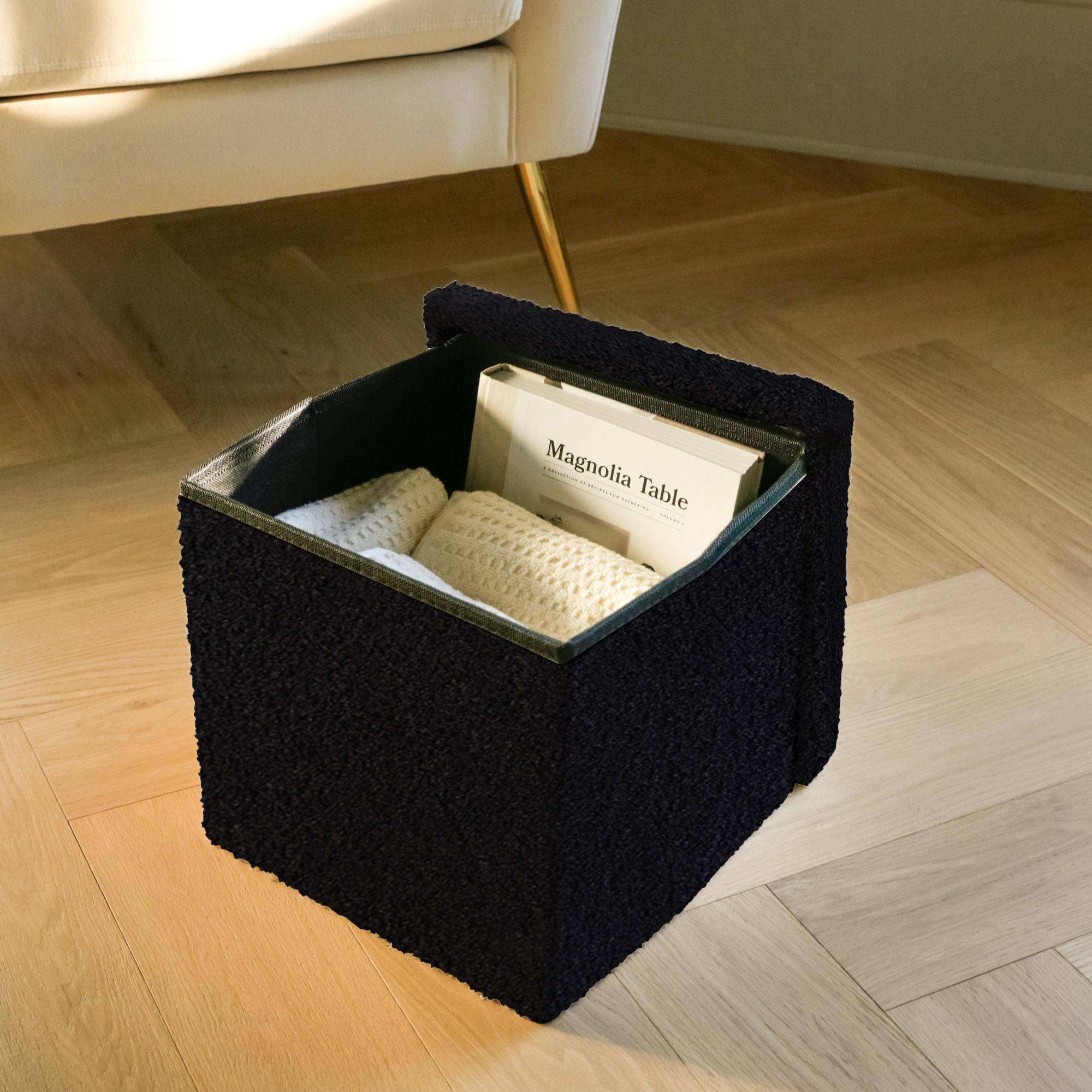 15" Black Boucle Cube Ottoman With Storage