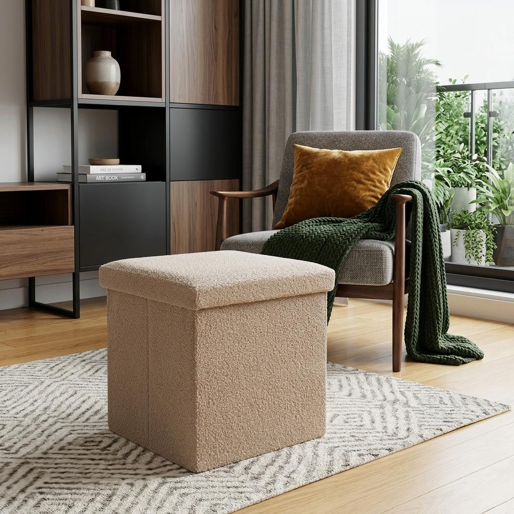 15" Taupe Boucle Cube Ottoman With Storage