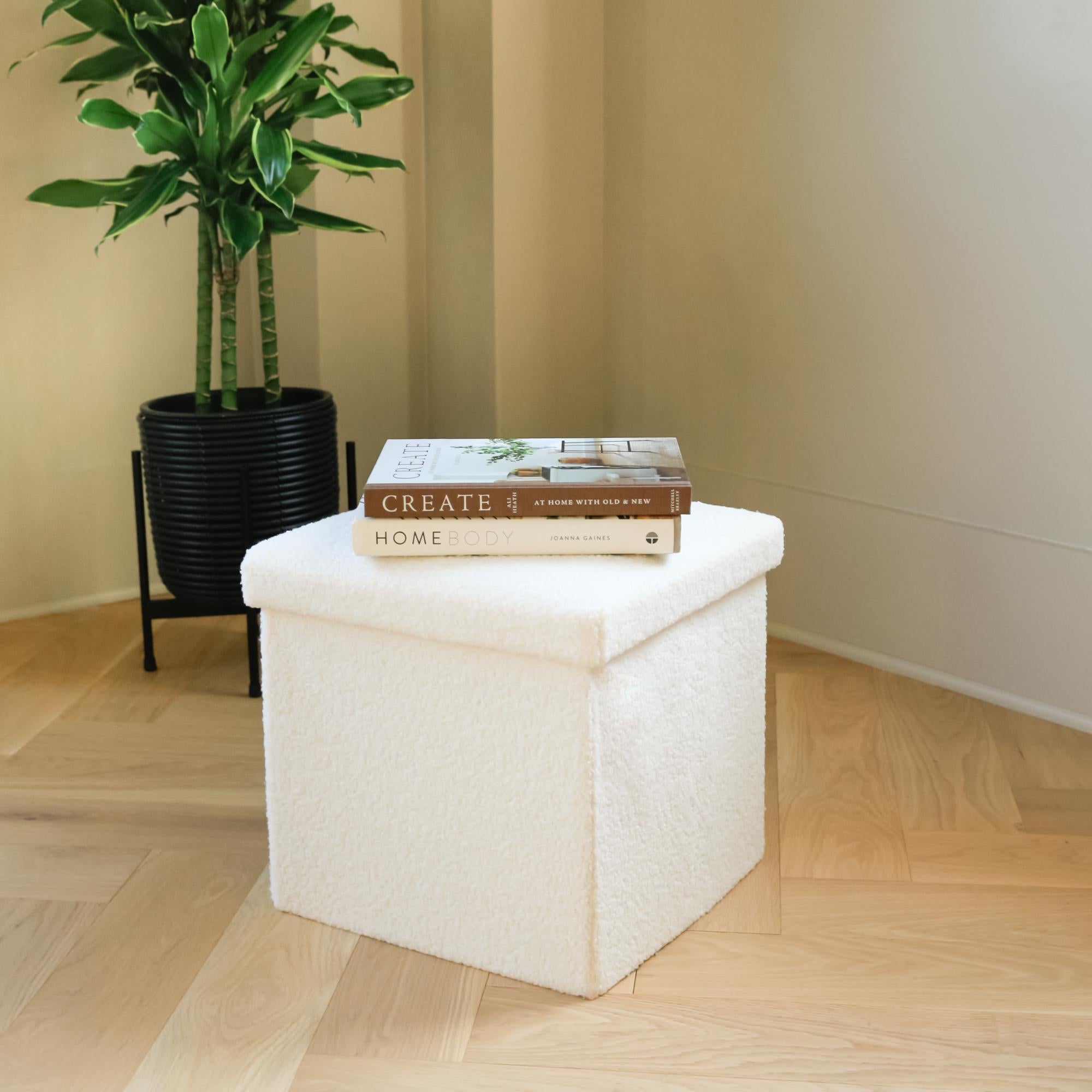 15" White Boucle Cube Ottoman With Storage
