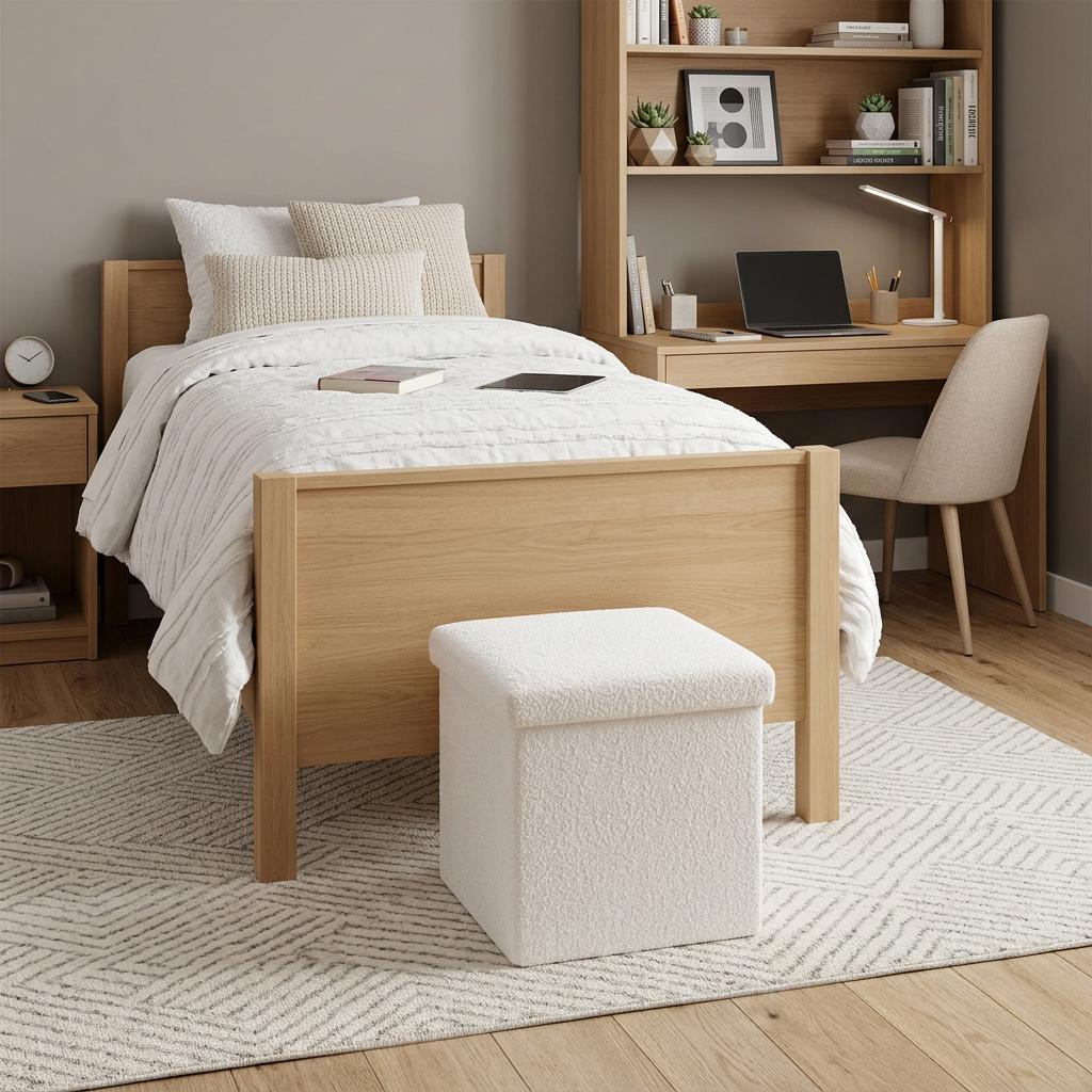 15" White Boucle Cube Ottoman With Storage