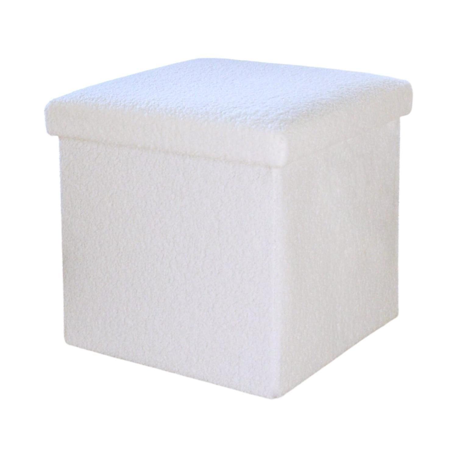 15" White Boucle Cube Ottoman With Storage