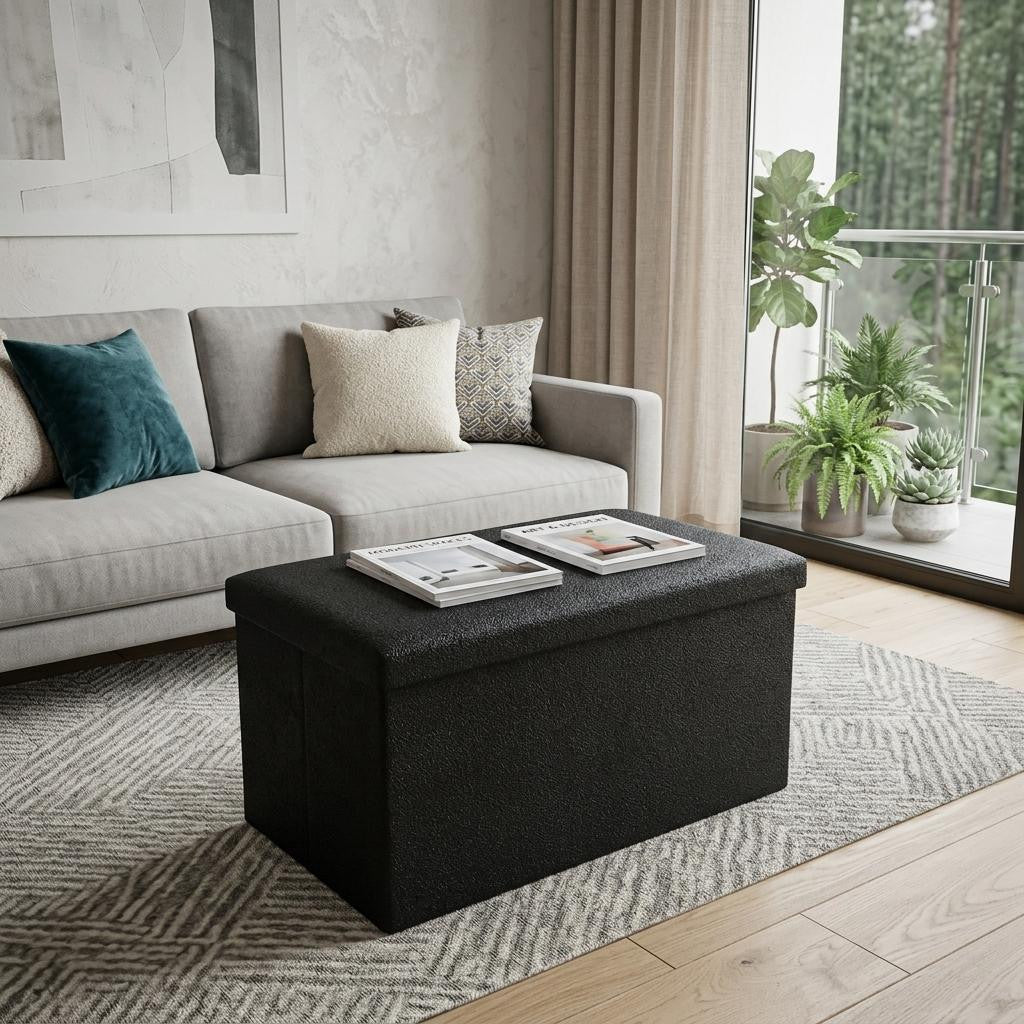 30" Black Boucle Ottoman With Storage