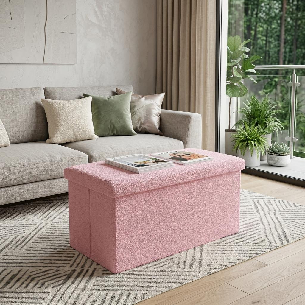 30" Pink Boucle Ottoman With Storage